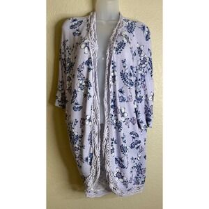 Blue Rain Womens S‎ Cardigan Purple Floral Crochet Trim Open Front Kimono Boho